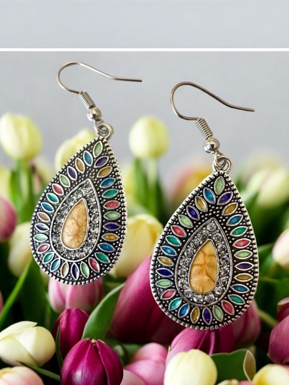 BOHO Silver Earrings Rhinestone Earrings Silver Drop Earrings Teardrop Earrings - Picture 5 of 9